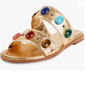 miss left Gold Jewelled Two Straps Open Toe Flat Slide Soft Insole Slip Slippers